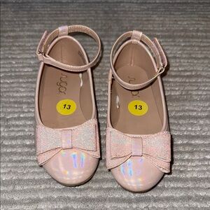 Sugar Pink Sparkly Dress Shoes with Bow and Ankle Straps for Kids, size 13